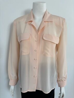 Light Pink 100% Silk Sheer Button-Front Blouse with Patch Pockets
